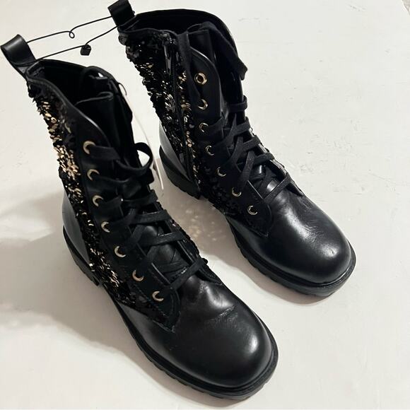 Zara Black Leather Sequined Lace Up Boots Size 6 US - Picture 8 of 15